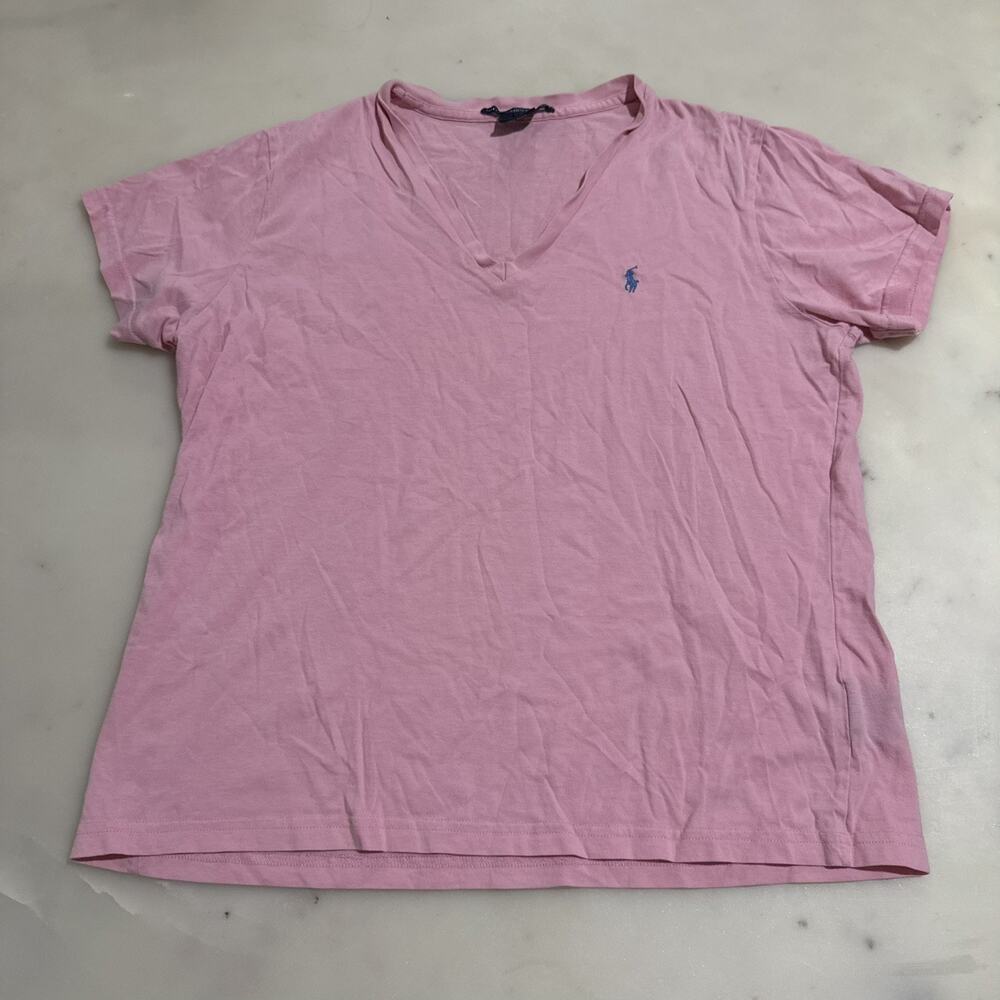 Ralph Lauren Sport Women L Pink Short Sleeve V-Neck Logo T-Shirt Tee 100% Cotton